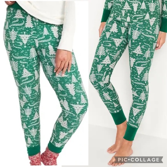 Old Navy Green Thermal-Knit Pajama Leggings Holiday Christmas Tree Print Size S - Picture 1 of 11